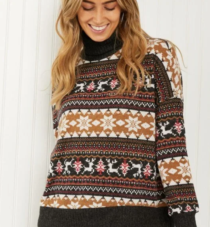 Brown turtleneck sweater with black base and fair-isle banding in tan, red, white