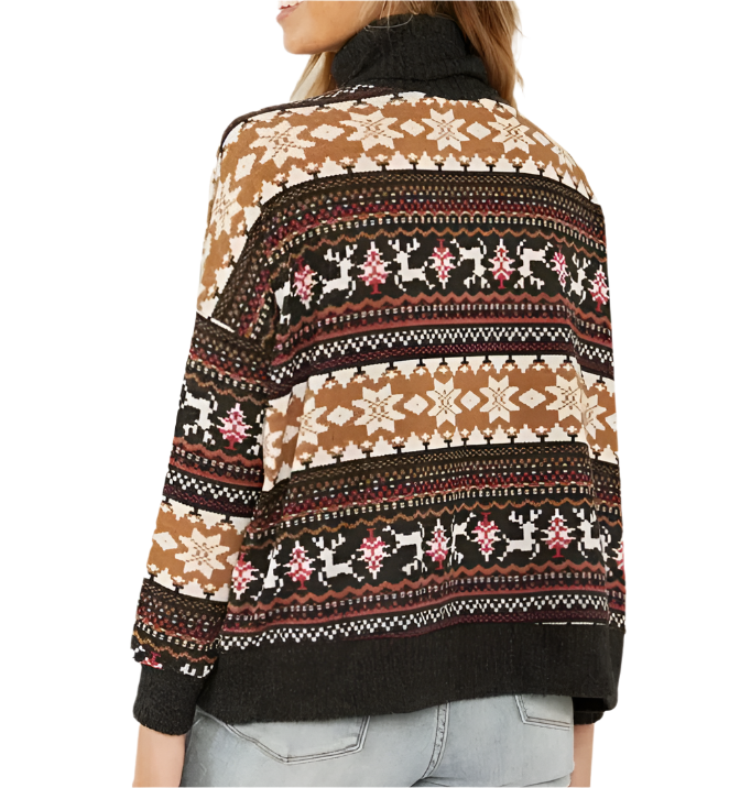 Back view: brown Fair Isle turtleneck sweater with striped winter motifs and black hem