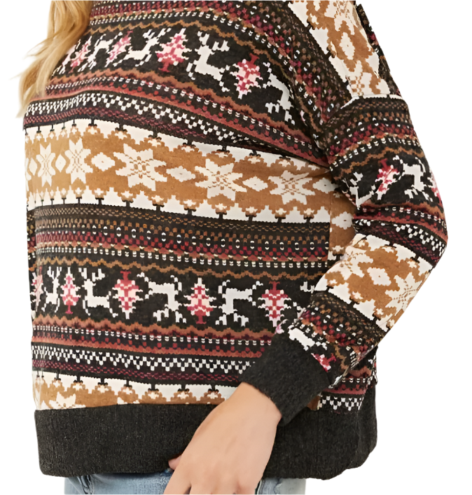 Close-up of brown patterned sweater sleeve with fair-isle band and black cuff