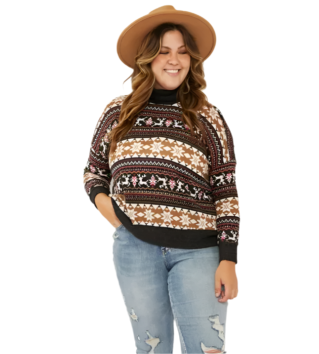 Lightweight turtleneck sweater, brown fair-isle print with black cuffs and hem