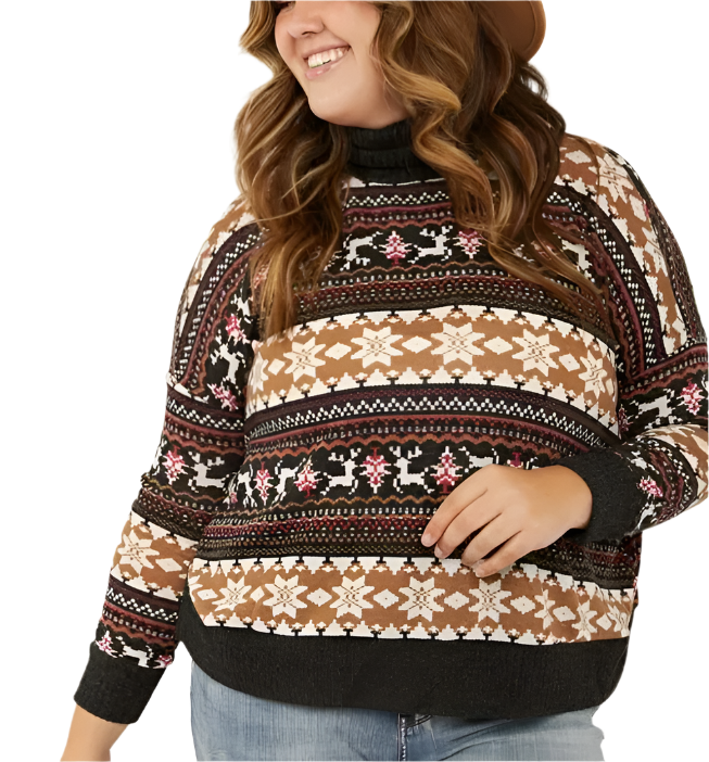 Brown lightweight turtleneck sweater with bold multicolor winter fair-isle stripes