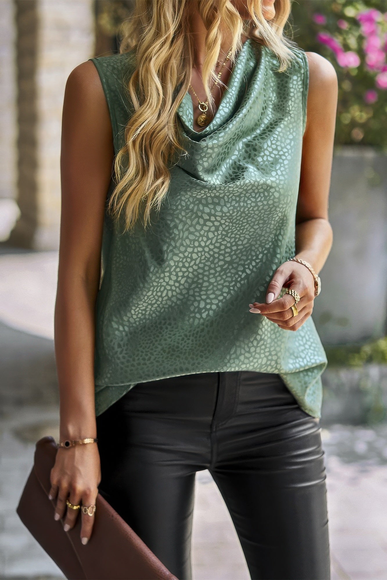 Sleeveless scarf-collar top with snake-print, light green
