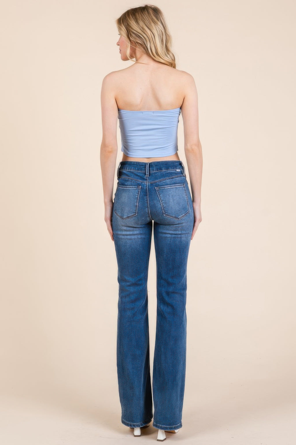 Mist Blue double-layer tube top, strapless back view with smooth fitted back
