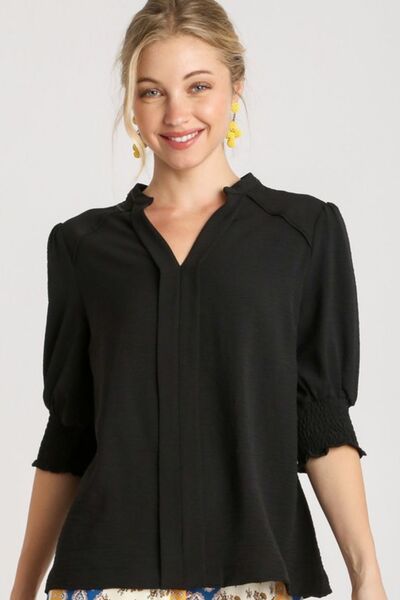 Black Split Neck Boxy Cut Top with Piping Details - Tigbul's Variety Fashion Shop