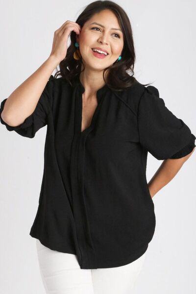 Black Split Neck Boxy Cut Top with Piping Details - Tigbul's Variety Fashion Shop