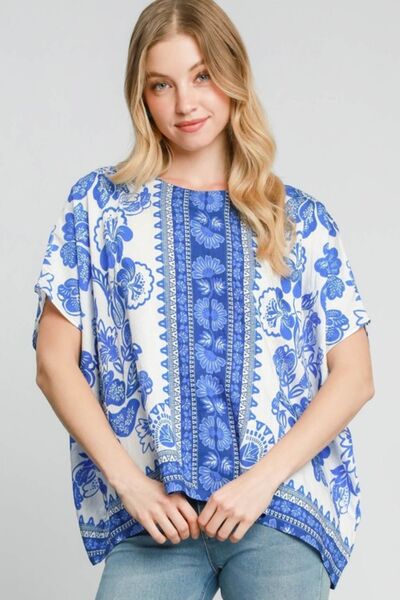 Blue Floral Border Print Oversized Top - Tigbul's Variety Fashion Shop