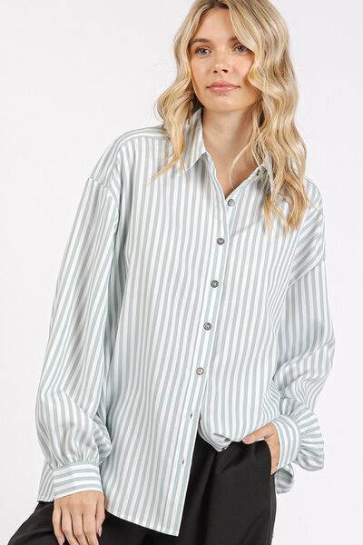 Button Down Sage Green Striped Long Sleeve Shirt - Tigbul's Variety Fashion Shop