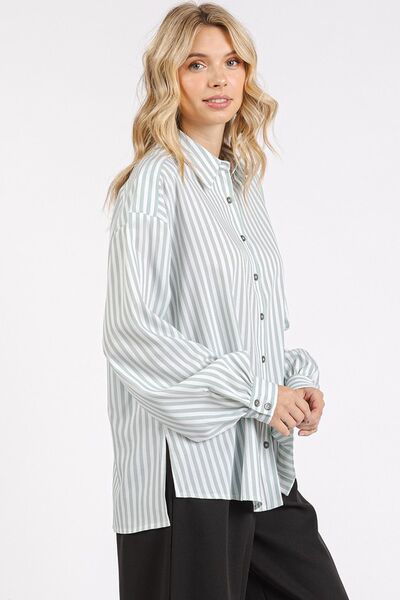 Button Down Sage Green Striped Long Sleeve Shirt - Tigbul's Variety Fashion Shop