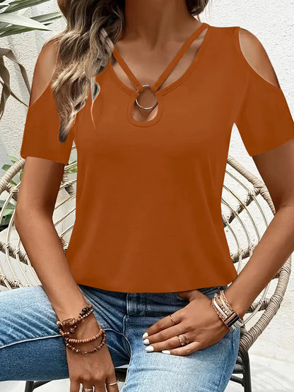 Cold Shoulder T-Shirt with Metal Ring Detail - Tigbul's Variety Fashion Shop
