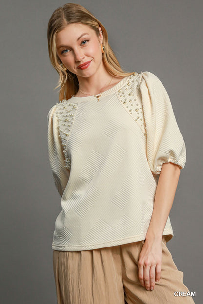 Cream Color Puff Sleeve Knit Top - Tigbul's Variety Fashion Shop
