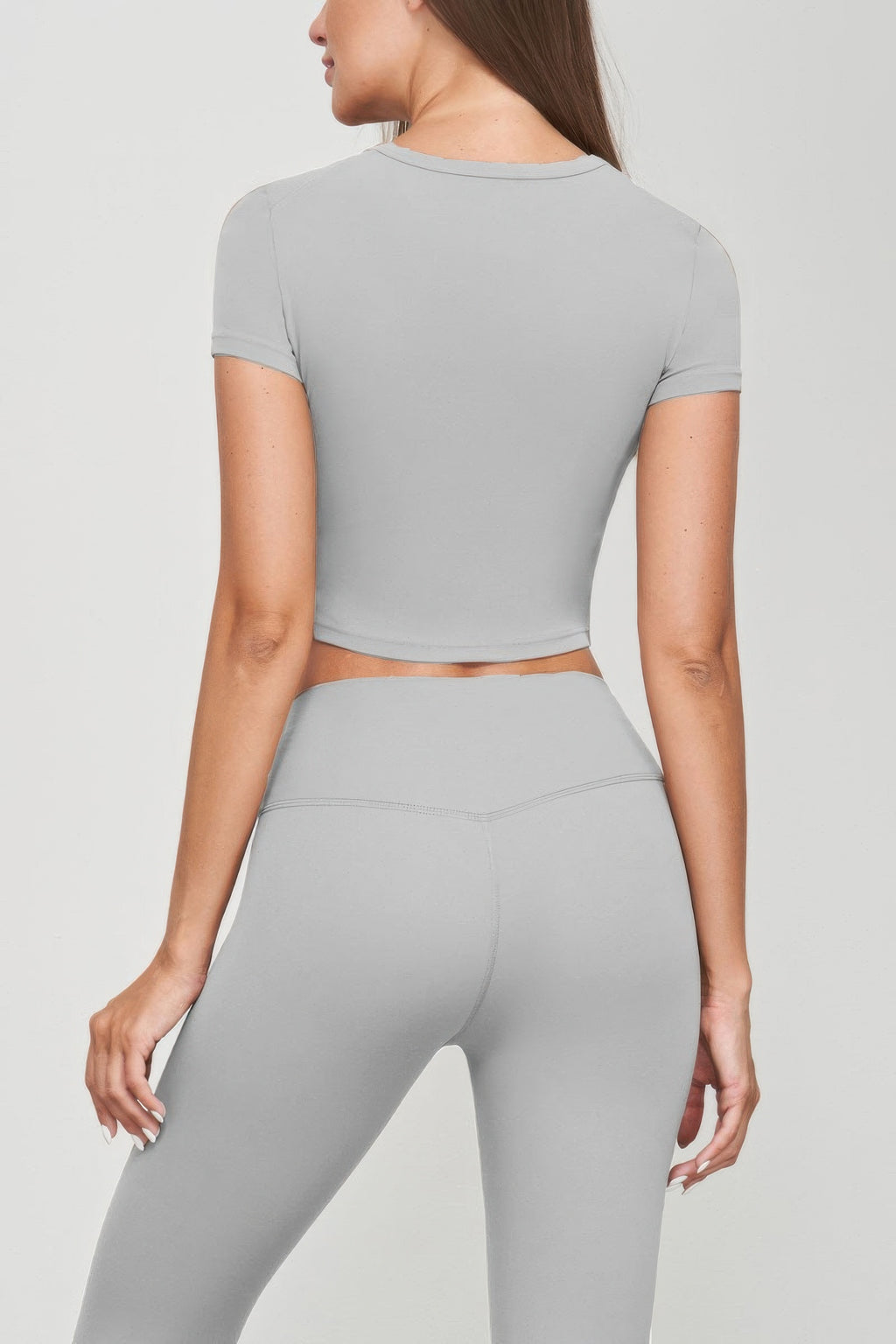 Grey seamless short-sleeve crop tee, crew neck—back view