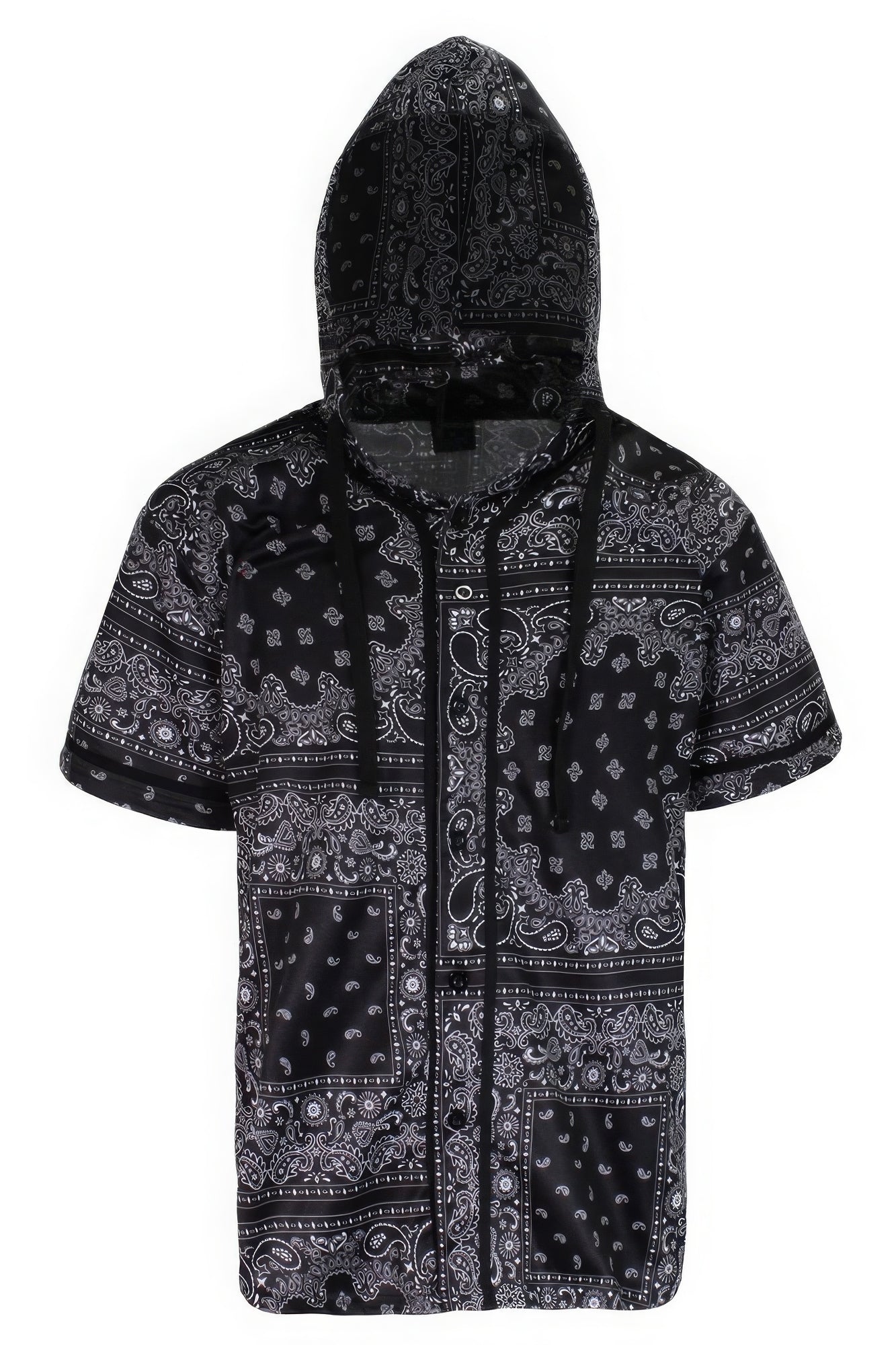 Hooded bandana baseball jersey, black with white paisley panels and zip front