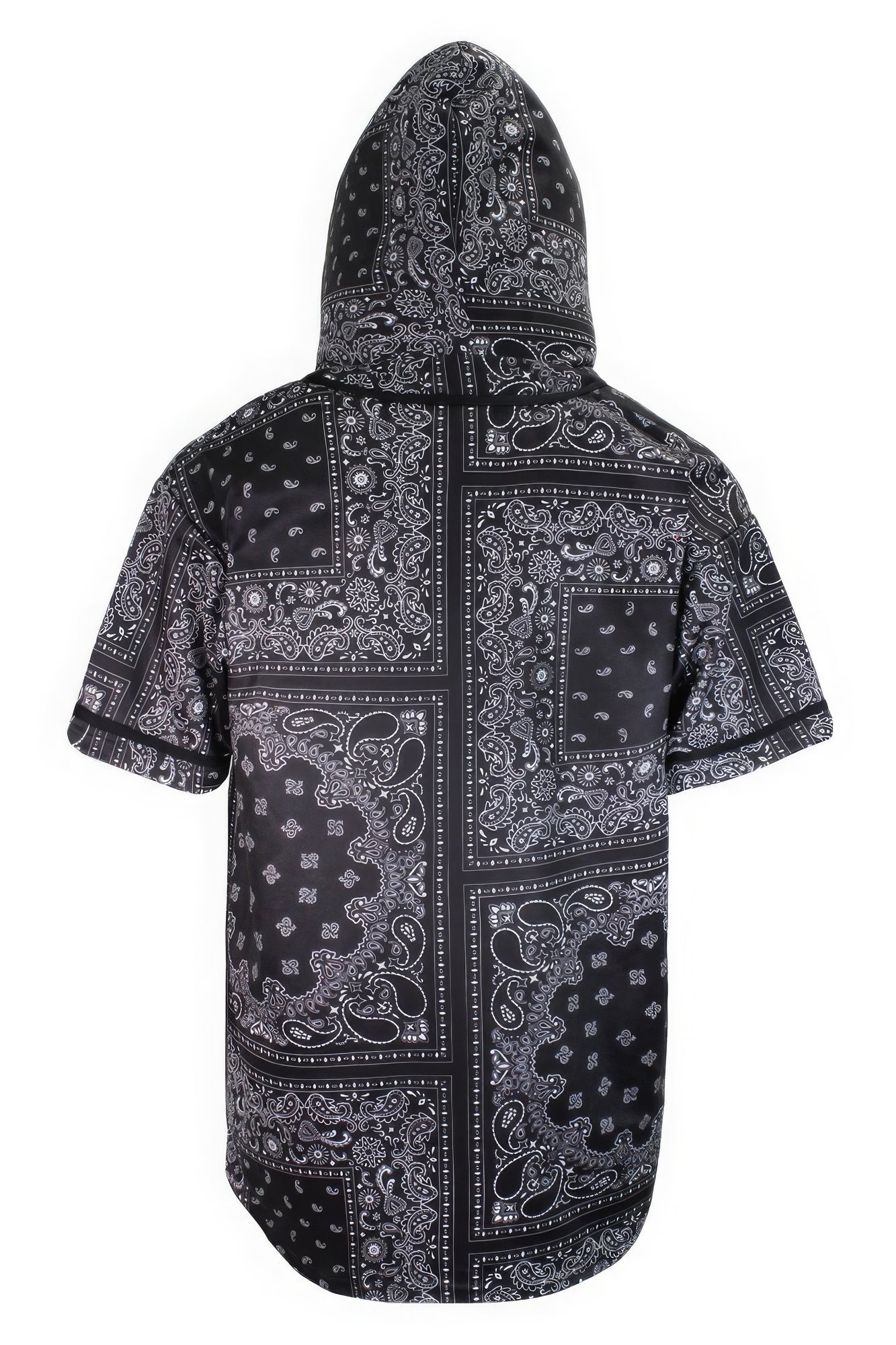 Hooded bandana baseball jersey back view, black with white paisley patchwork print