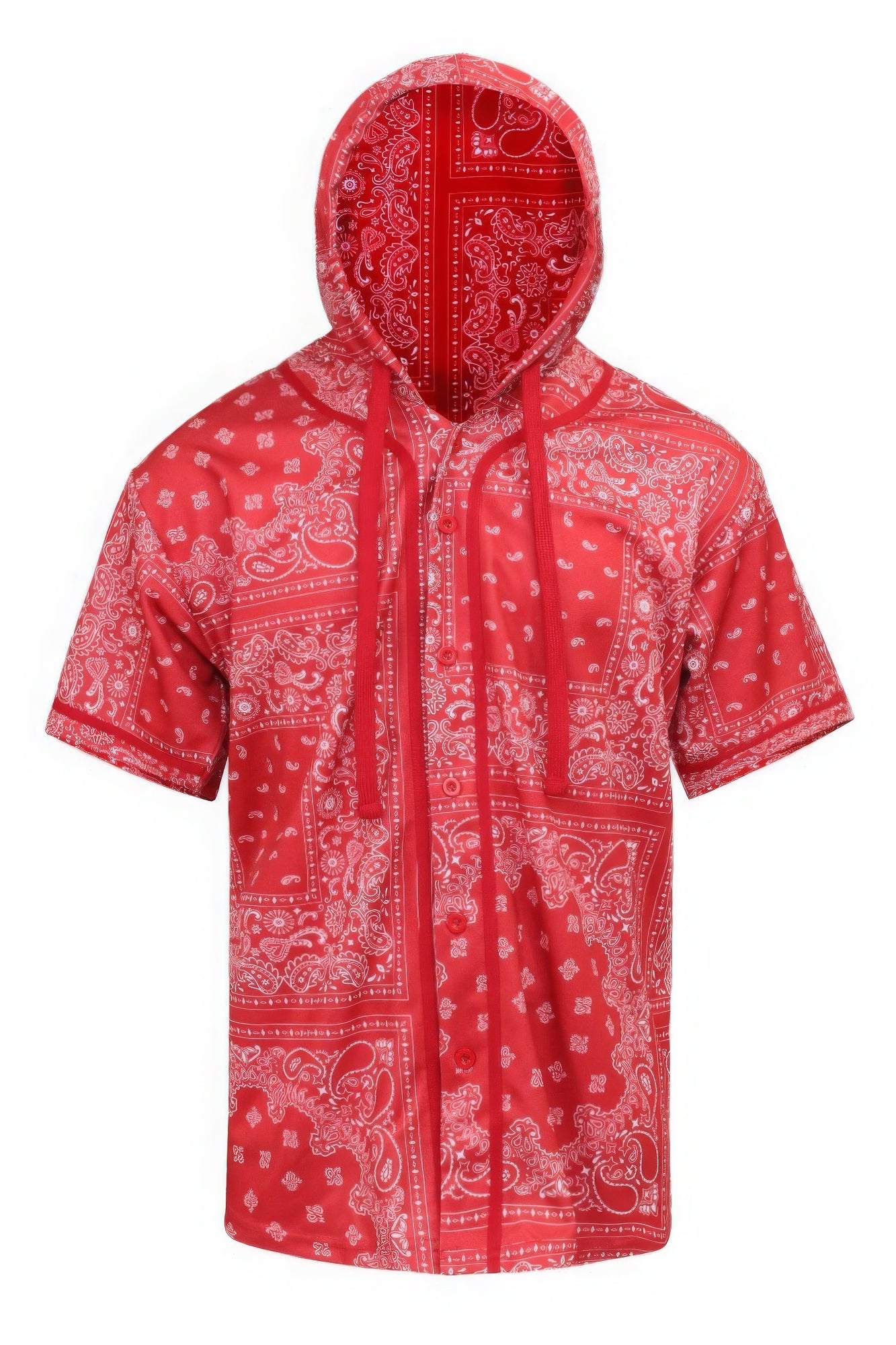 Hooded bandana baseball jersey, red with white paisley print and zip front