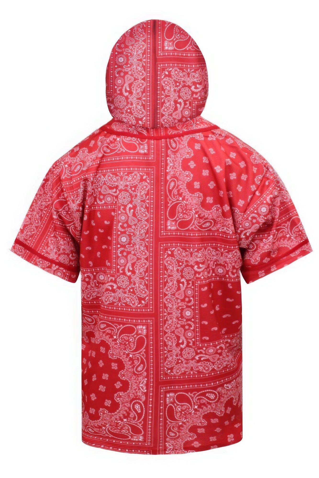 Hooded bandana baseball jersey back view, red with white paisley panel pattern