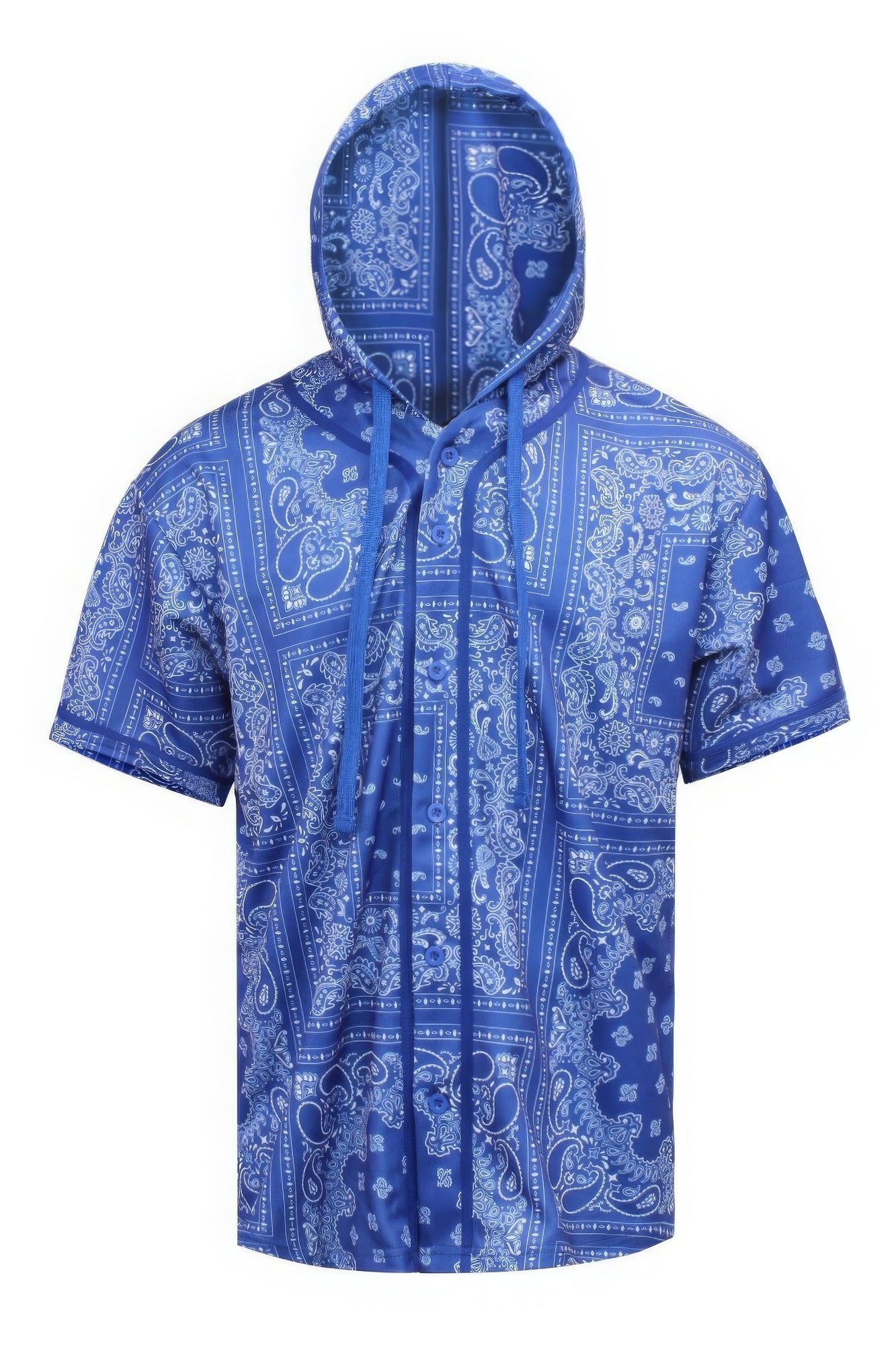 Hooded bandana baseball jersey, royal blue with light blue paisley panels and hood