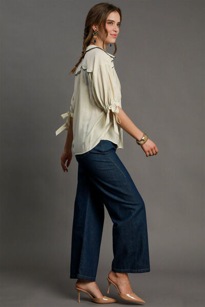 Ivory Embroidered Detail Button Down Shirt - Tigbul's Variety Fashion Shop