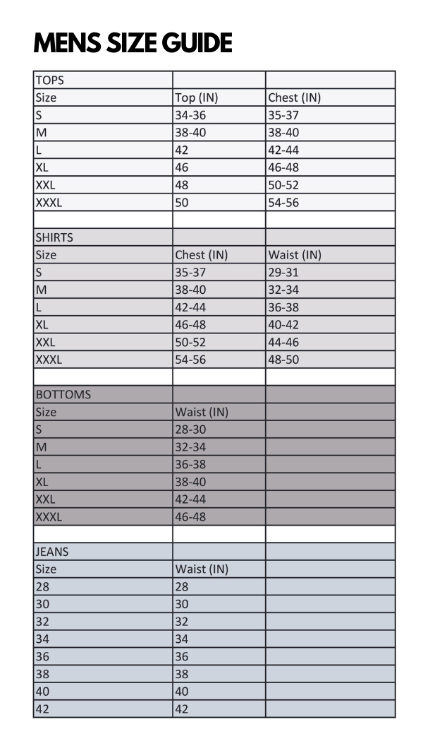 Men's size guide chart with tops and shirts measurements
