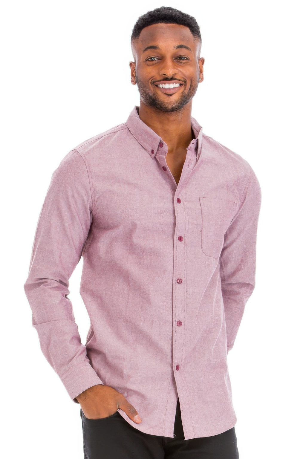 Men's long-sleeve button-up shirt, pink, chest pocket, button front