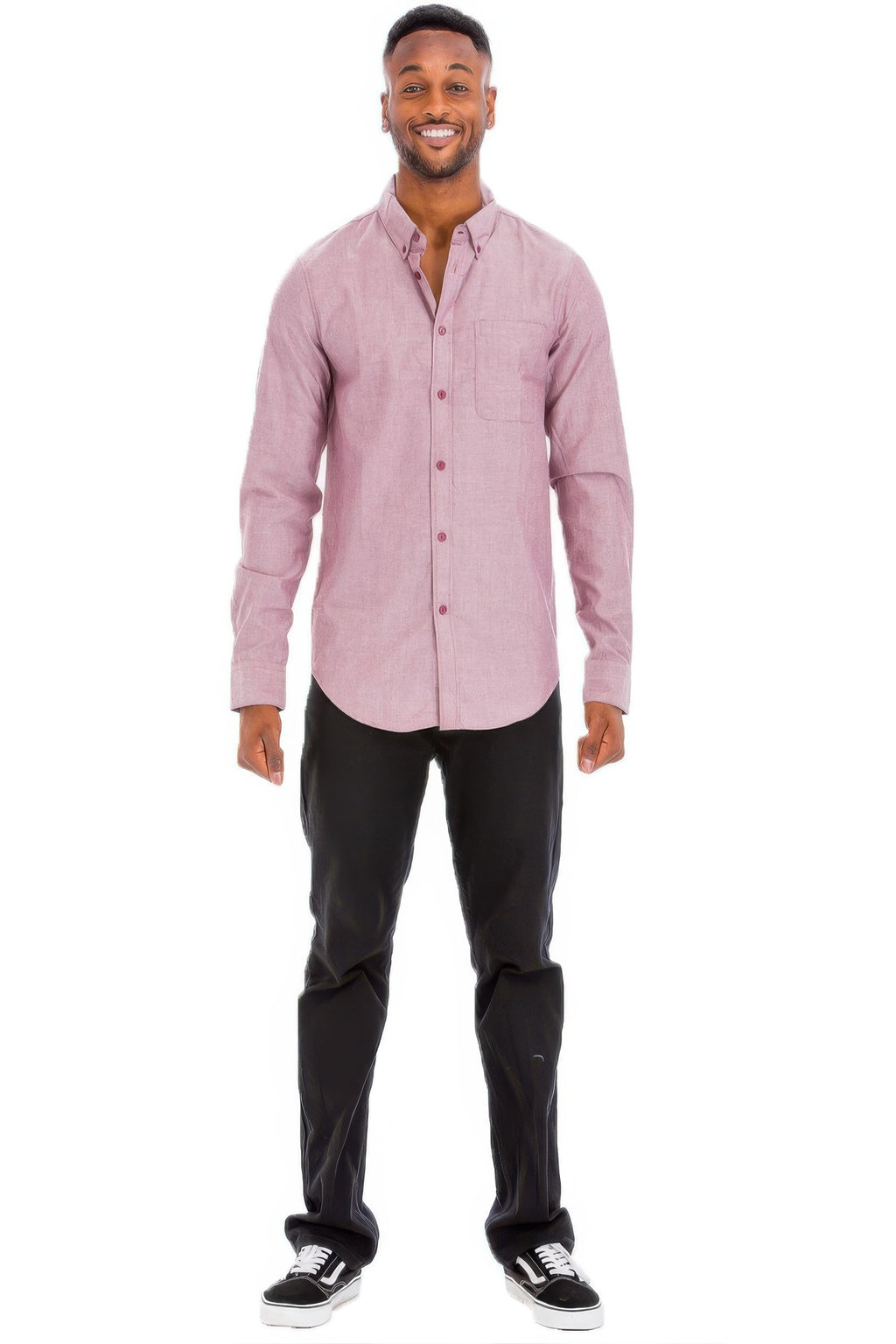 Men's long-sleeve button-up shirt, pink, chest pocket, full front view