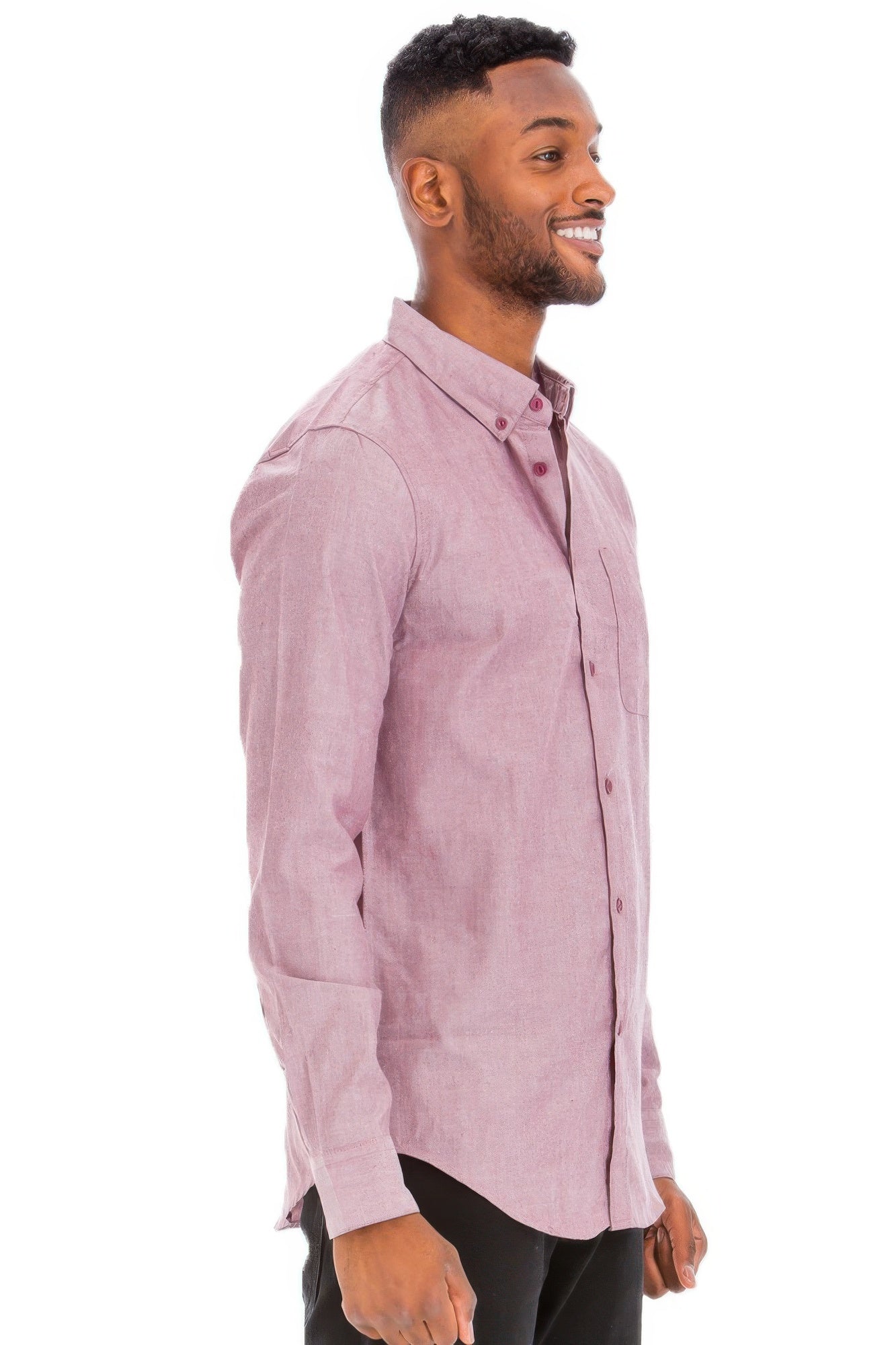 Men's long-sleeve button-up shirt, pink, side profile, button placket