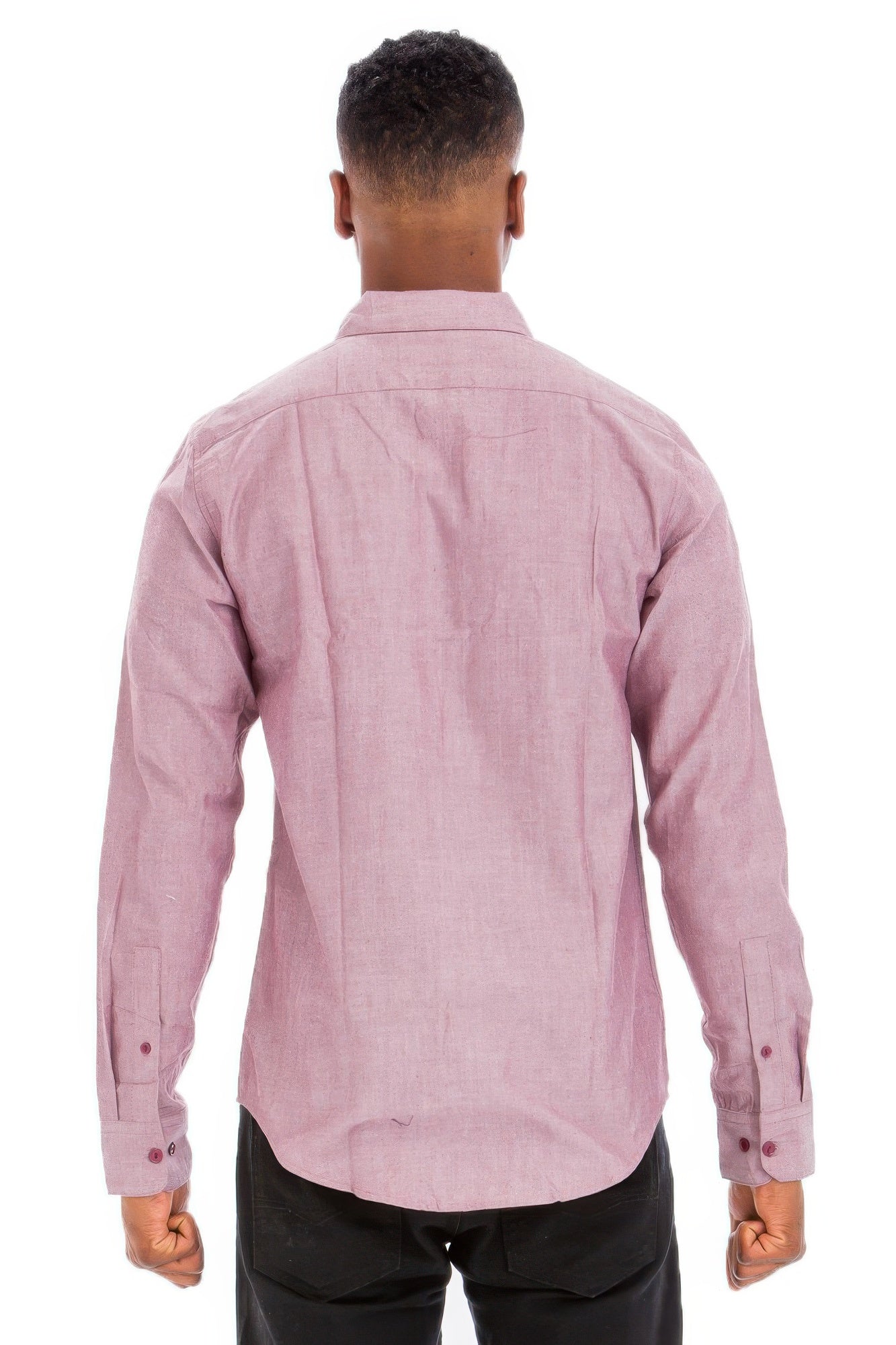 Men's long-sleeve button-up shirt, pink, back view, long sleeves