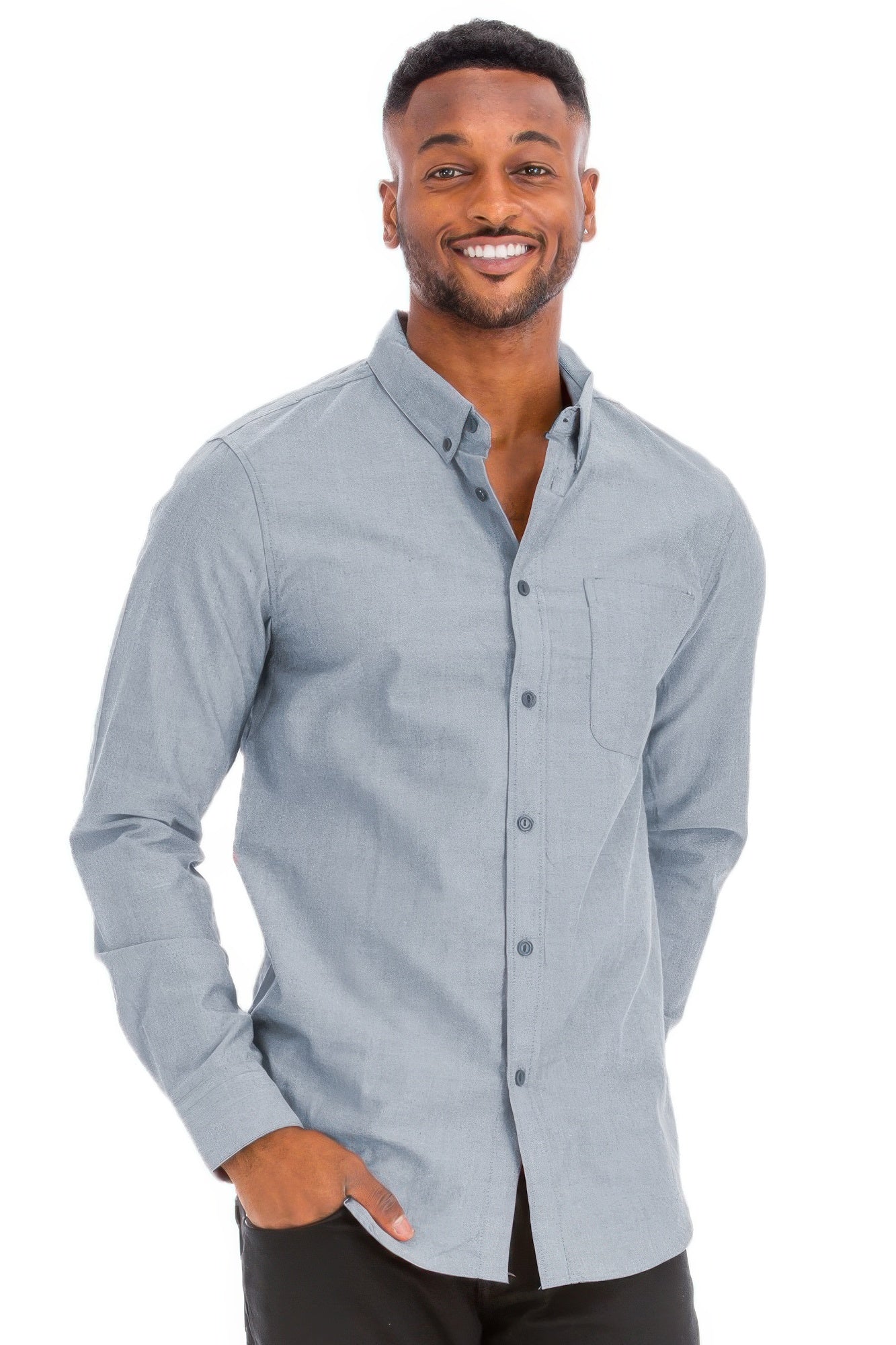 Men's long-sleeve button-up shirt, light blue, chest pocket, button front