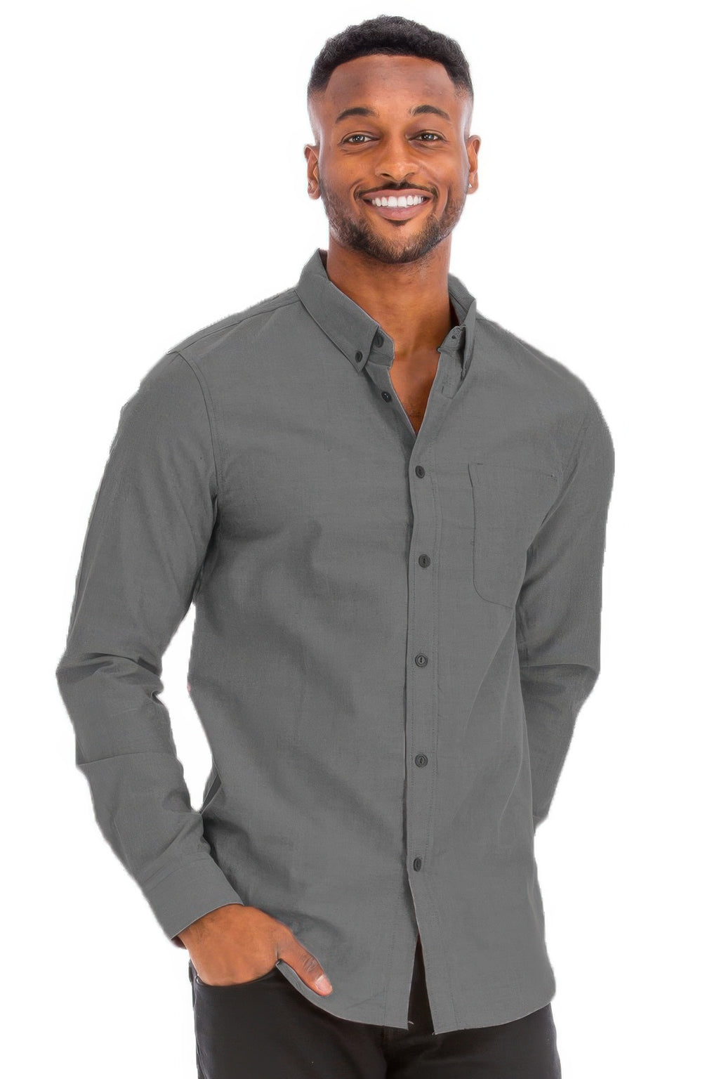 Men's long-sleeve button-up shirt, charcoal gray, chest pocket, button front
