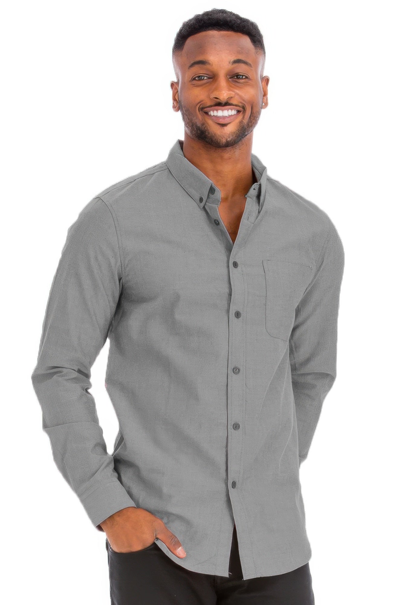 Men's long-sleeve button-up shirt, charcoal gray, long-sleeve front view
