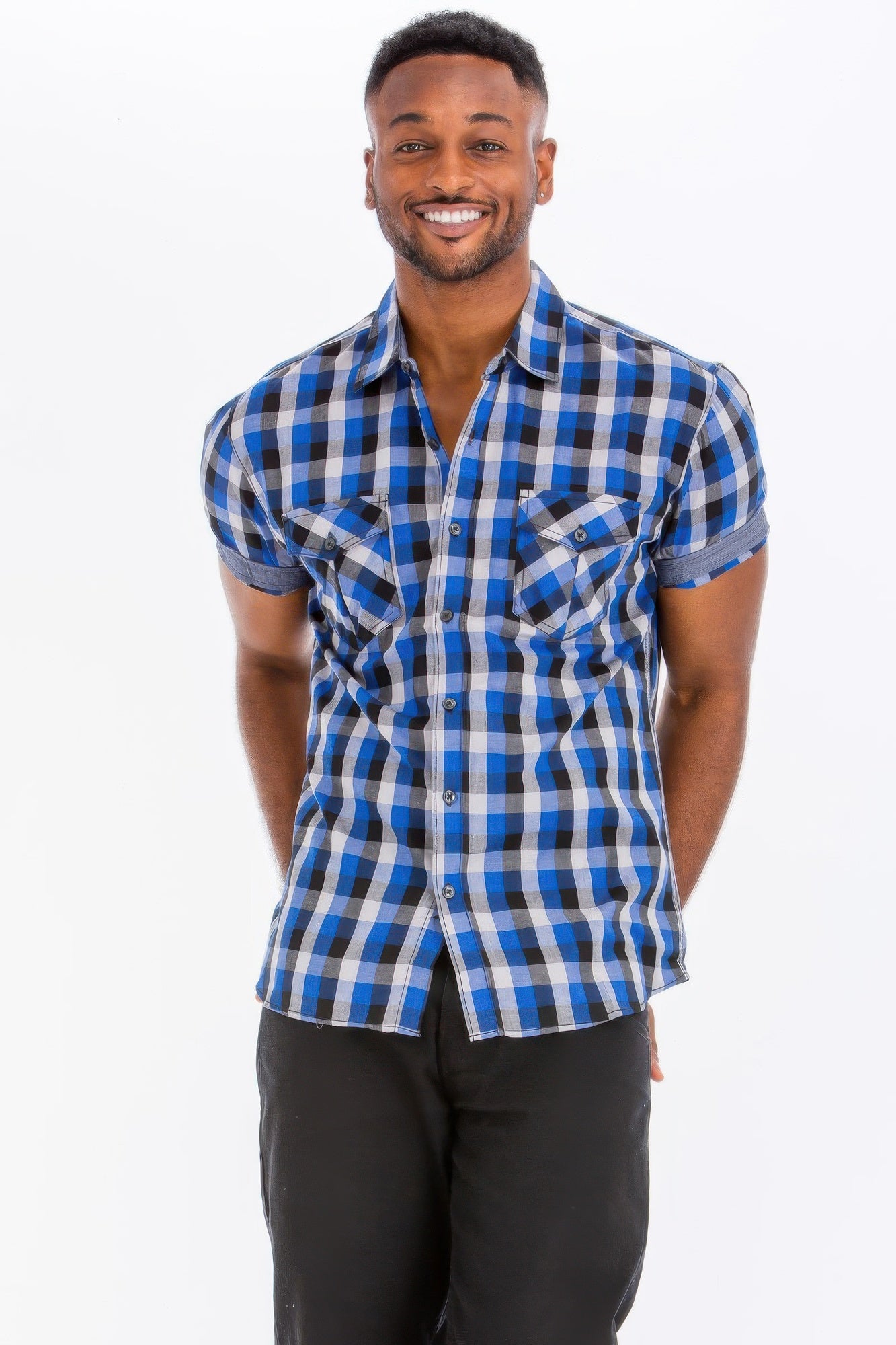 Men's blue-and-black checkered button-down shirt with chest pockets