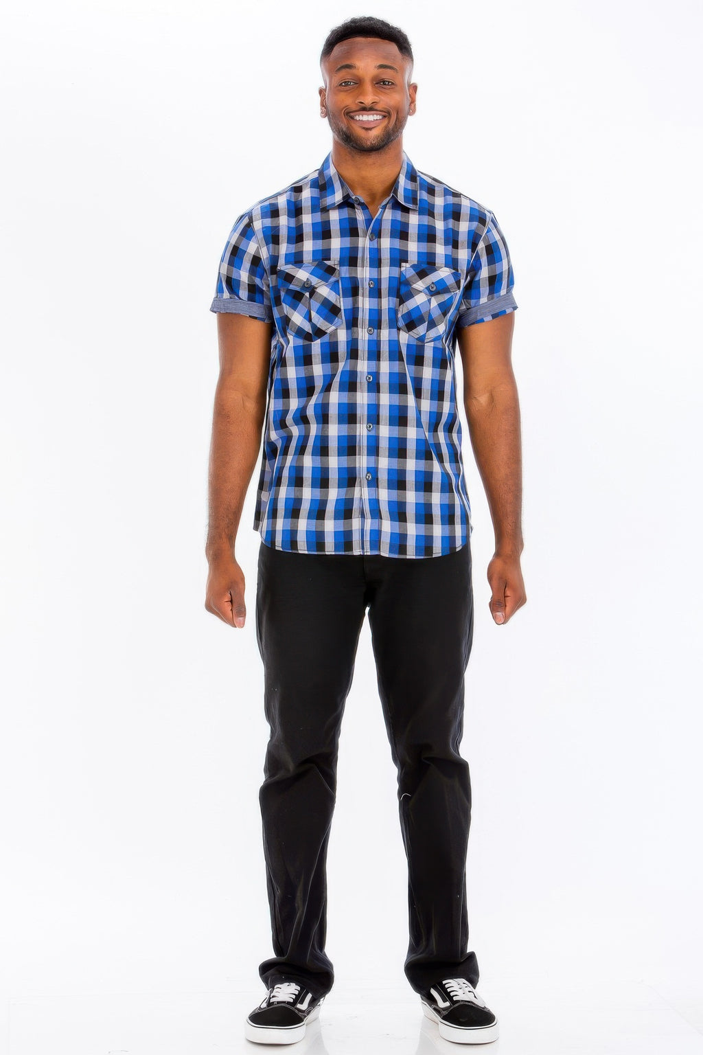 Men's blue checkered short-sleeve button-down shirt, front view
