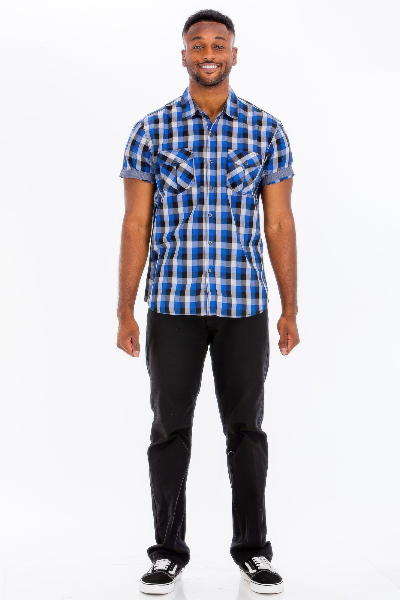 Men's blue checkered short-sleeve button-down shirt, front view