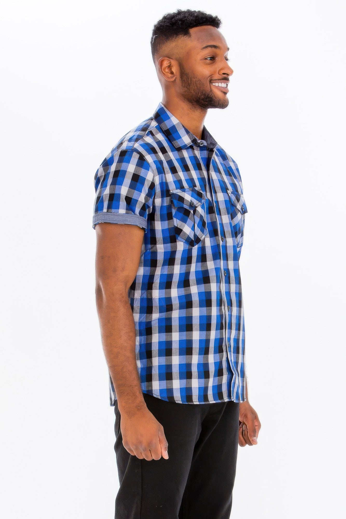 Men's blue checkered button-down shirt, short sleeves, side view