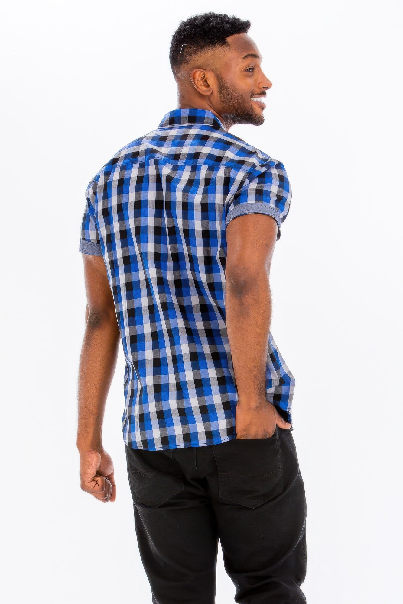Men's blue checkered button-down shirt, back view with short sleeves