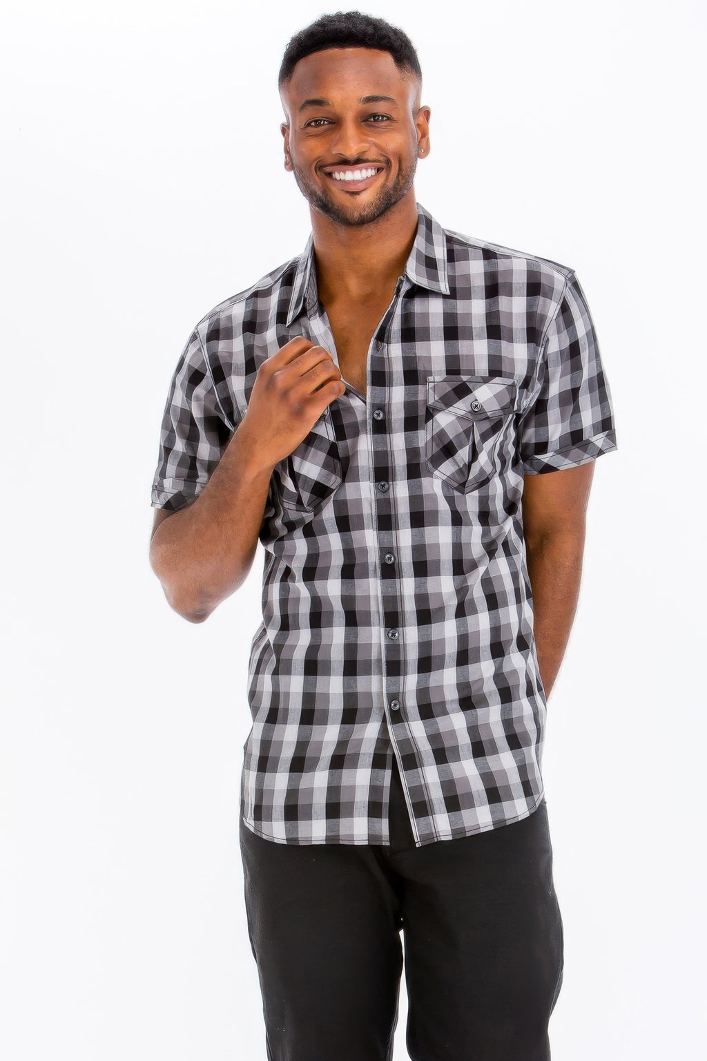 Men's black-and-gray checkered button-down shirt, close-up at collar