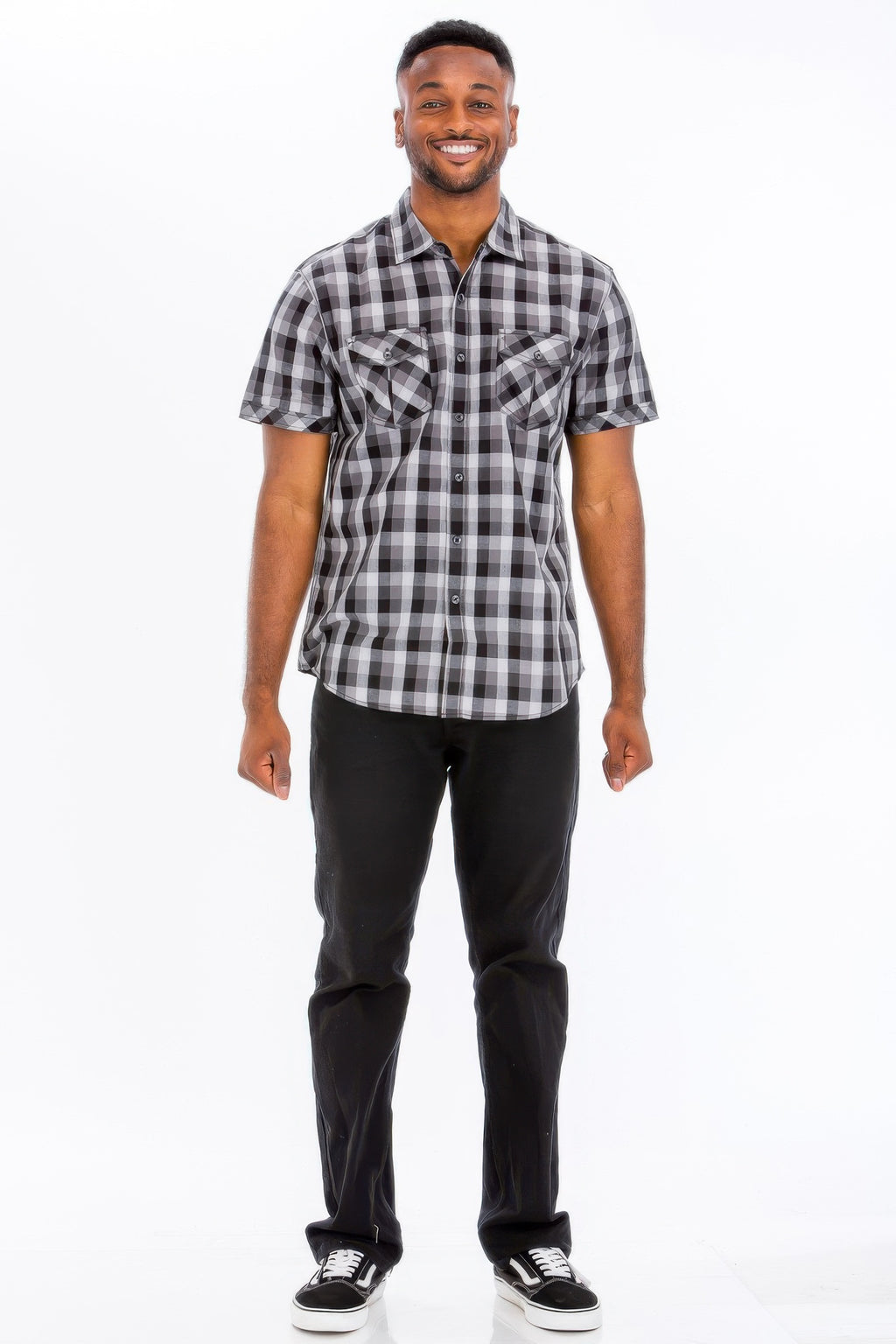 Men's black-and-gray checkered button-down shirt, front button placket