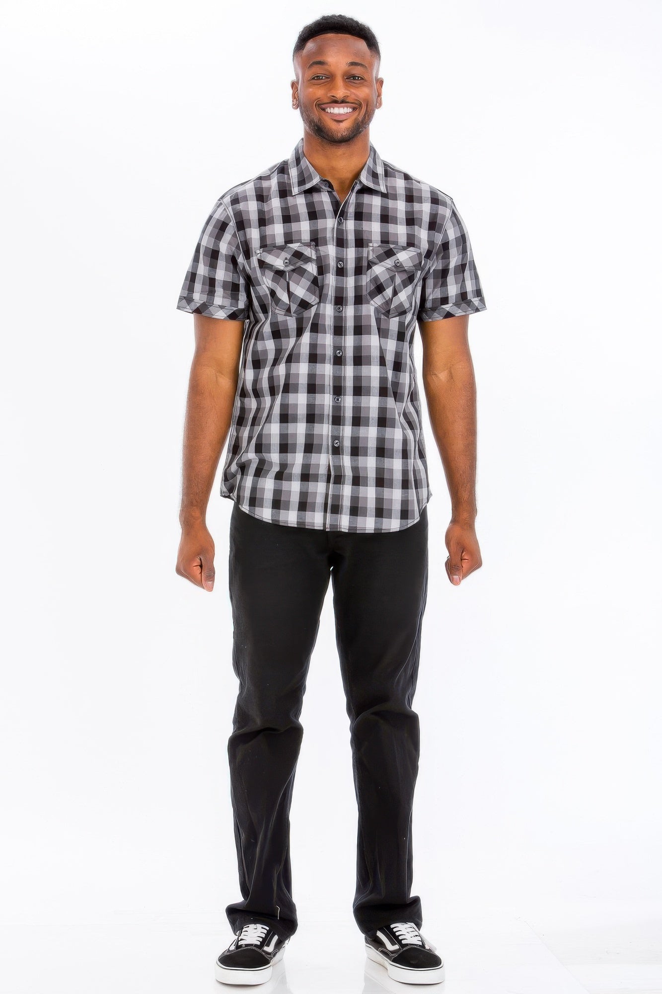Men's black-and-gray checkered button-down shirt, front button placket