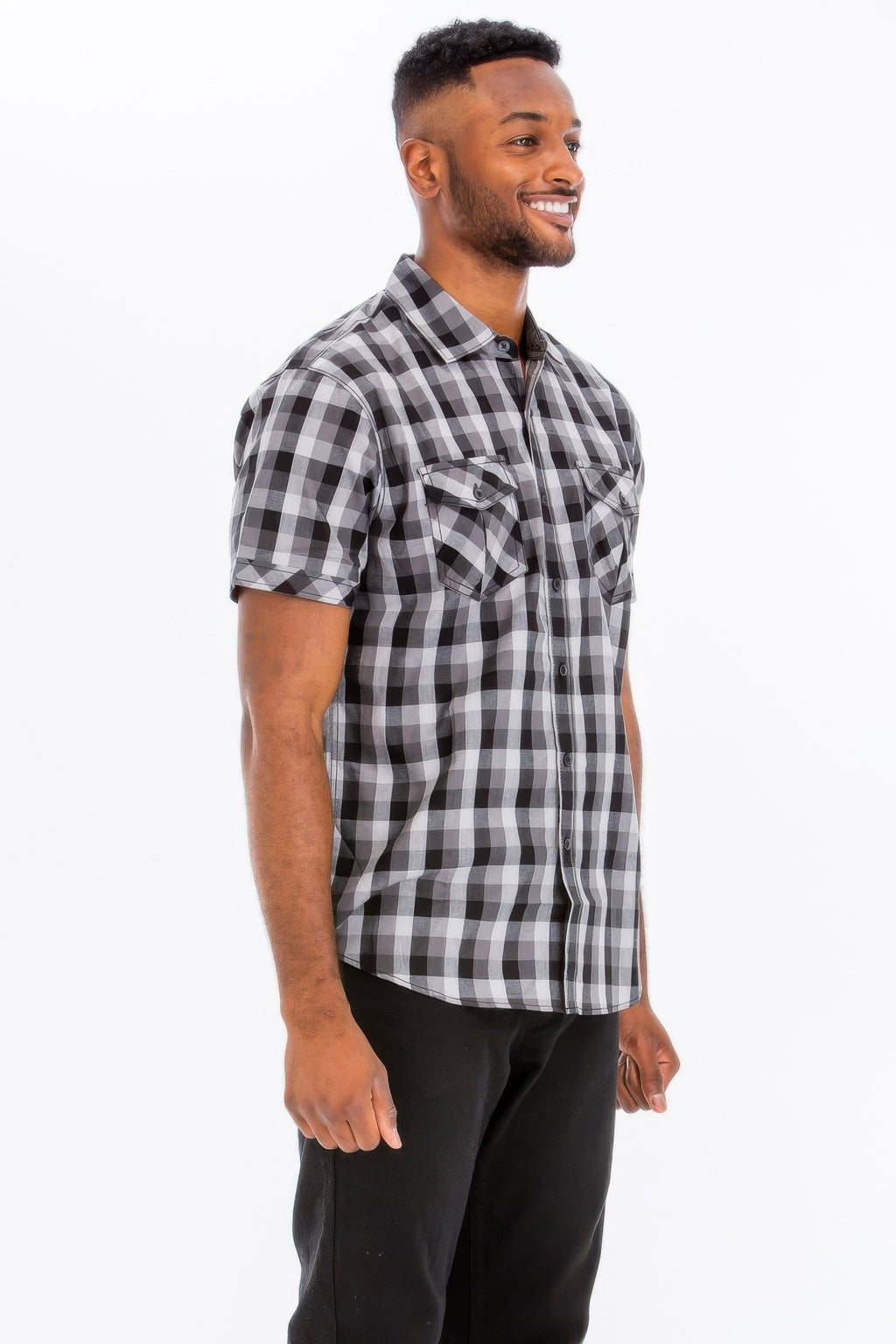 Men's black-and-gray checkered button-down shirt, side view