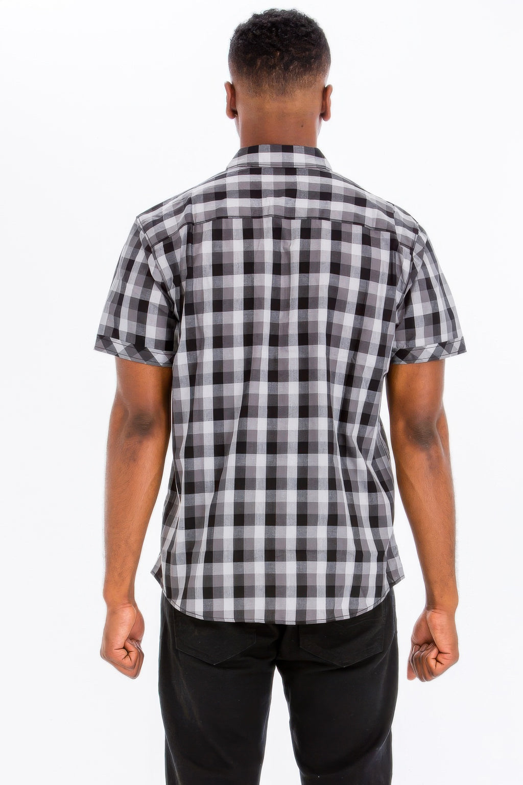 Men's black-and-gray checkered button-down shirt, back view
