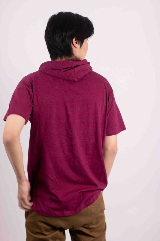 Men's lightweight triblend short-sleeve hoodie tee in burgundy, back view