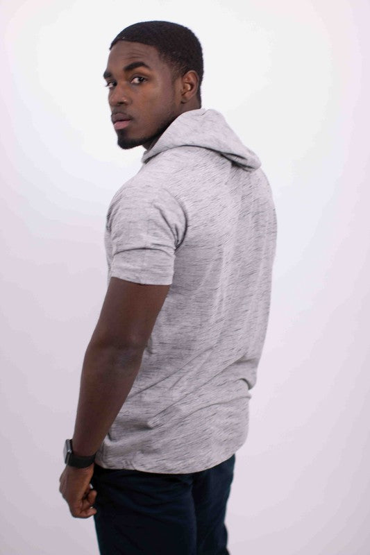 Men's lightweight triblend short-sleeve hoodie tee in heather gray, side profile