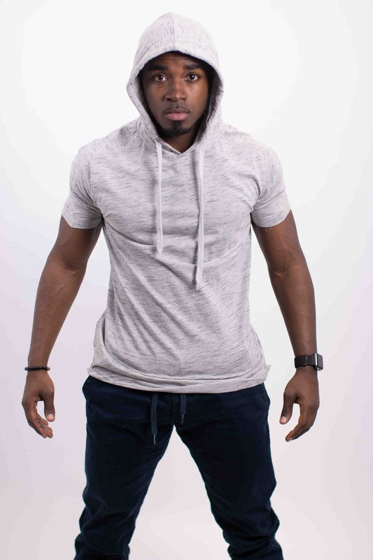 Men's lightweight triblend short-sleeve hoodie tee in heather gray, hood up