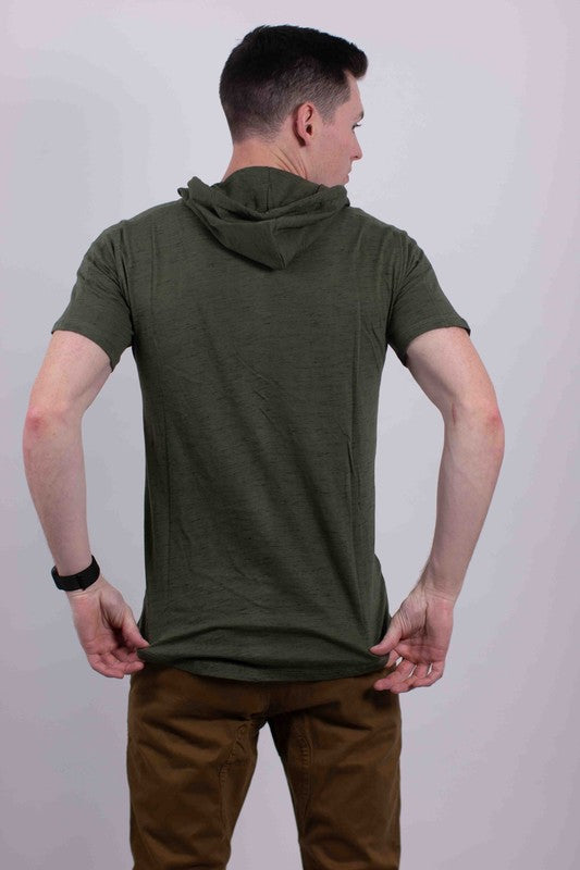 Men's lightweight triblend short-sleeve hoodie tee in olive green, back view