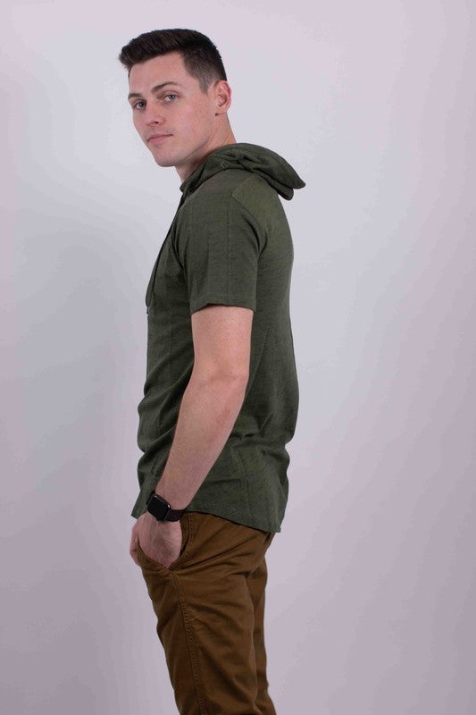 Men's lightweight triblend short-sleeve hoodie tee in olive green, side view