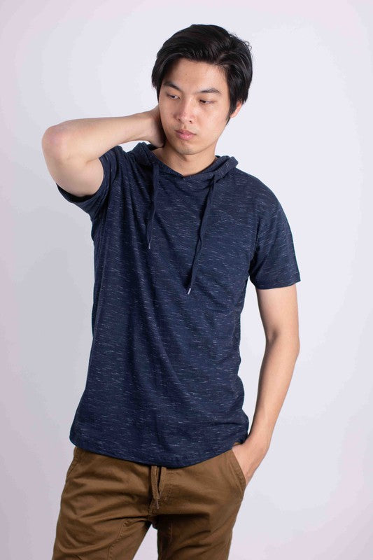 Men's lightweight triblend short-sleeve hoodie tee in dark navy, front view