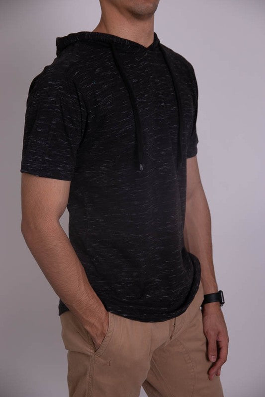 Black lightweight short-sleeve hoodie T-shirt with drawstring hood