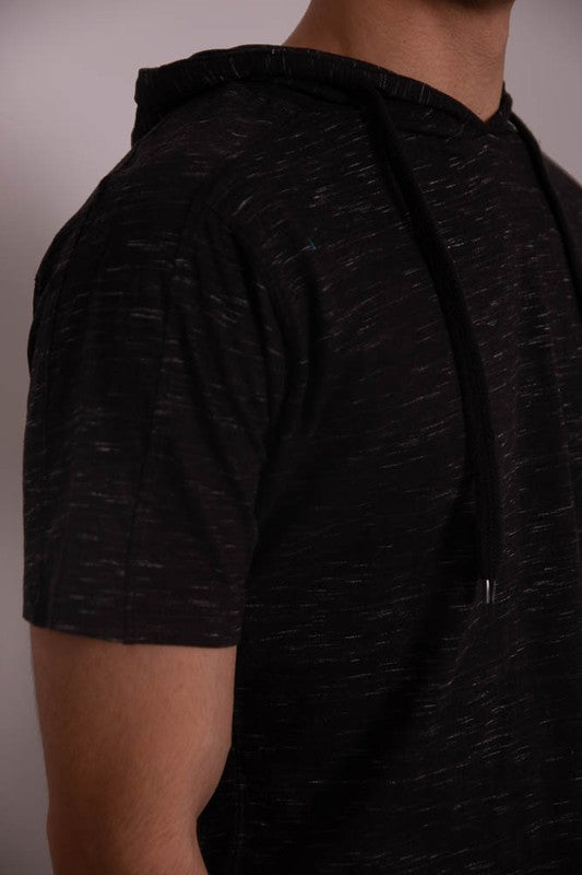 Black short-sleeve hoodie with kangaroo pocket and drawstring hood