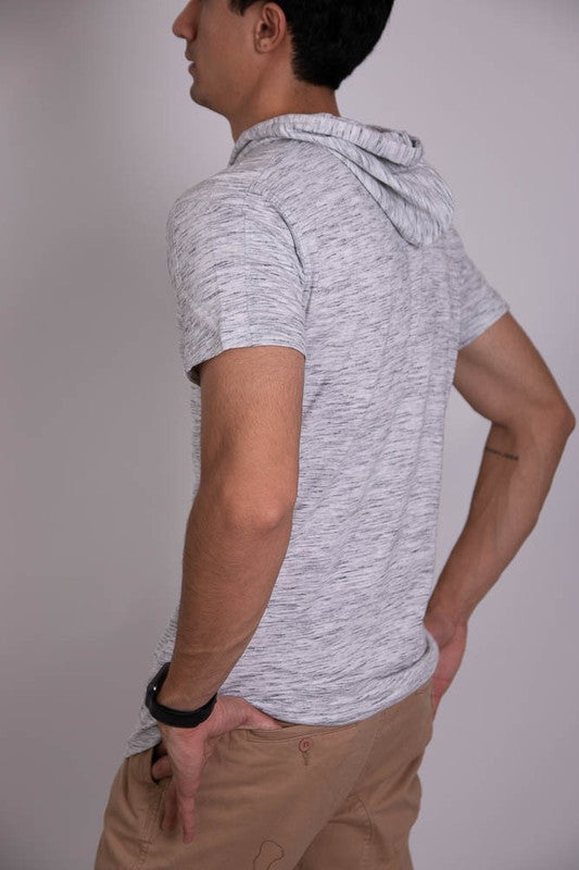 Heather gray short-sleeve hoodie with drawstring hood