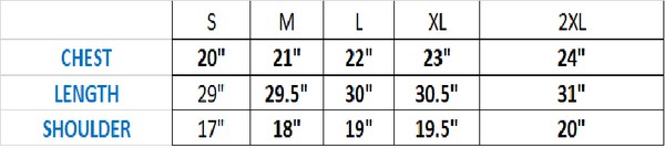Size chart: S–XL chest 20–23", length 29–30.5", shoulder 17–19.5"