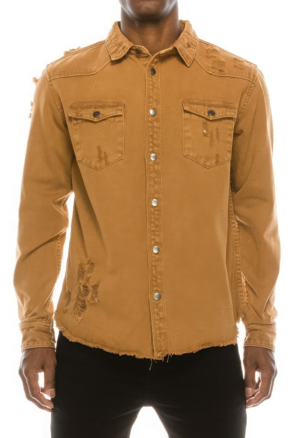 Tan ripped denim overshirt with button front, chest pockets, frayed hem